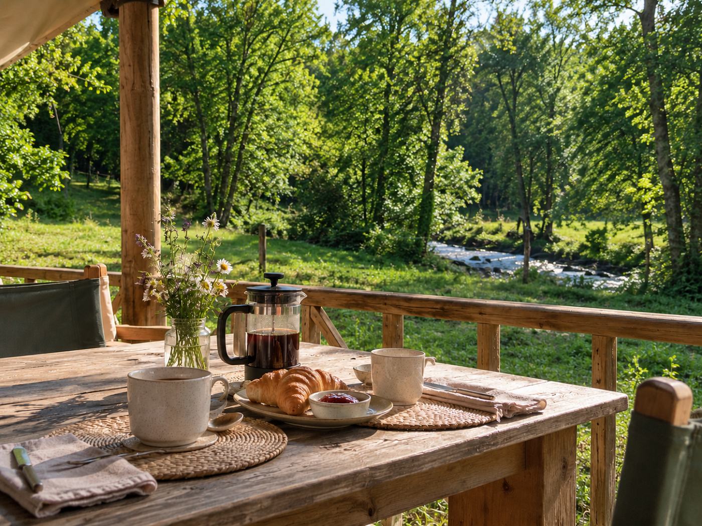 Breakfast on the veranda: a cafetiere of coffee, a croissant and jam on a scrubbed wooden table, wildflowers in a jar, and the stream running past the meadow beyond.