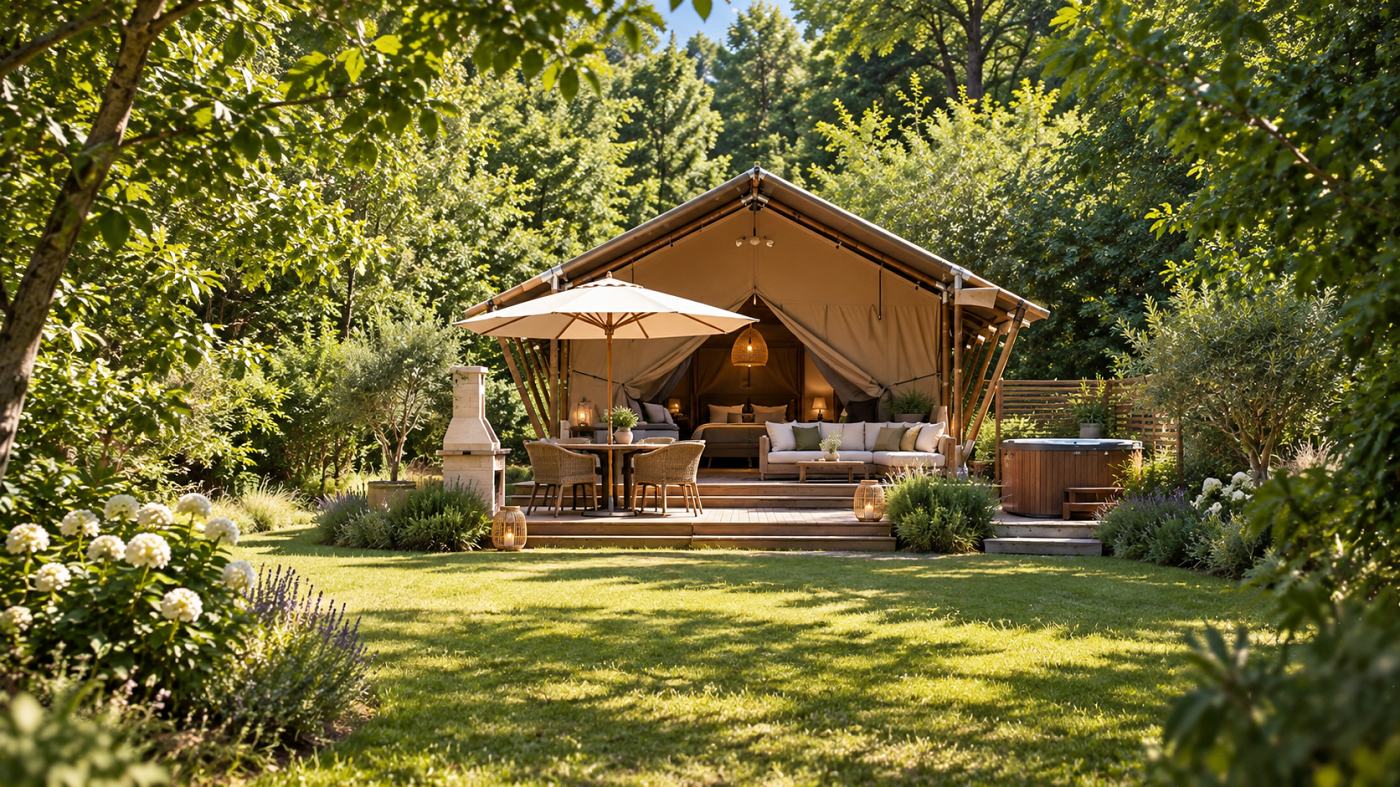 An adults-only safari tent open to the lawn, with a bed visible inside, a parasol and table on the deck, a stone fireplace to one side and a wooden hot tub to the other.
